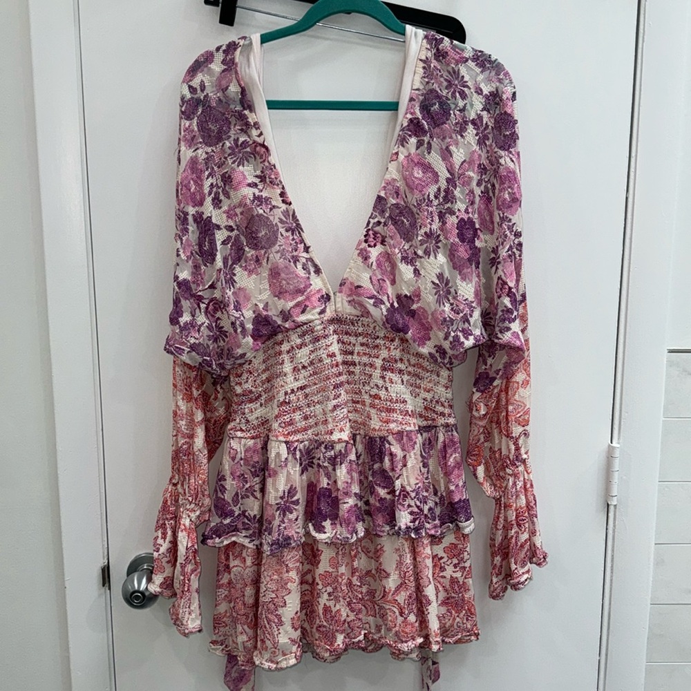 Floral V-Neck Tiered Mini Dress in Pink and Purple